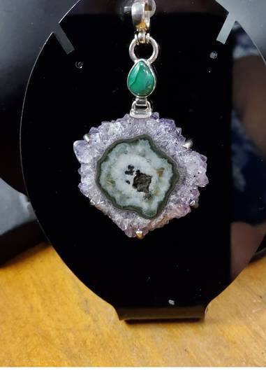 Sterling Silver Malachite and Amethyst Flower Pendant
